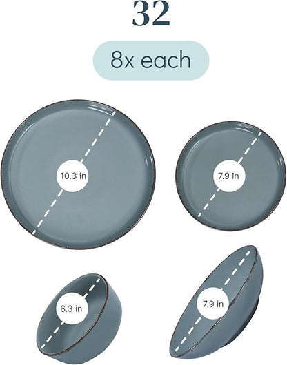 Stoneware dinnerware set 8 persons Rustic 32 pcs - Rustic design dinnerware set, dishwasher safe - Bowl and plate set - Pure Living dinnerware in smoky blue…