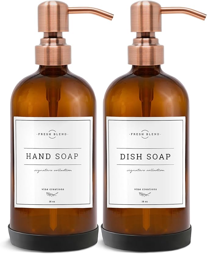 Vine Creations Amber Glass Soap Dispenser, 2 Pack Kitchen Soap Dispenser Set