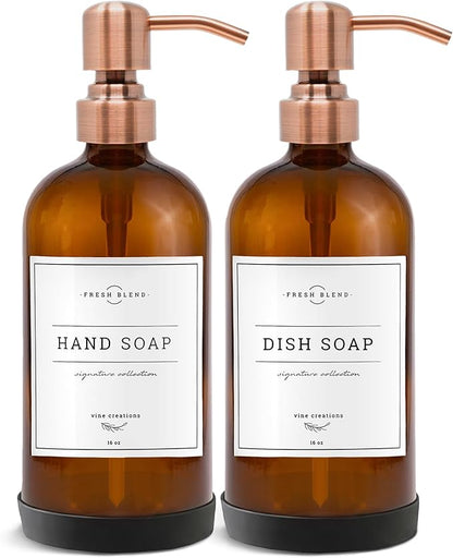 Vine Creations Amber Glass Soap Dispenser, 2 Pack Kitchen Soap Dispenser Set