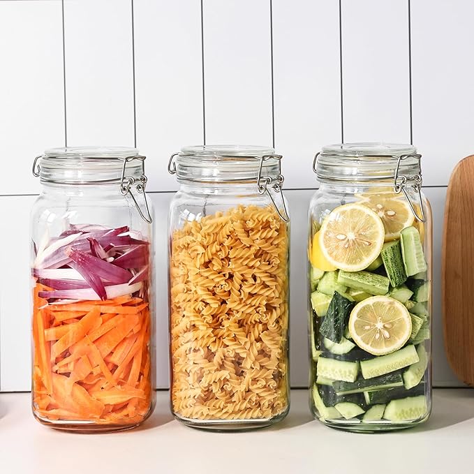 78oz Glass Food Storage Jars with Airtight Clamp Lids, 3 Pack Wide Mouth Large Kitchen Canisters for Flour, Cereal, Beans, Pasta and Canning, Square Mason Jar with Labels