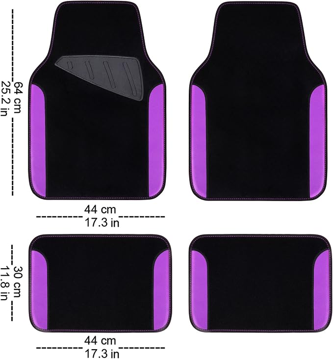 CAR PASS Waterproof Universal Fit Car Floor Mats, Faux Leather Car Carpet Mats with Anti-Slip Nibbs Backing & Driver Heel Pad Fit for SUV,Vans,sedans, Trucks,Set of 4pcs for Women (Black with Purple)