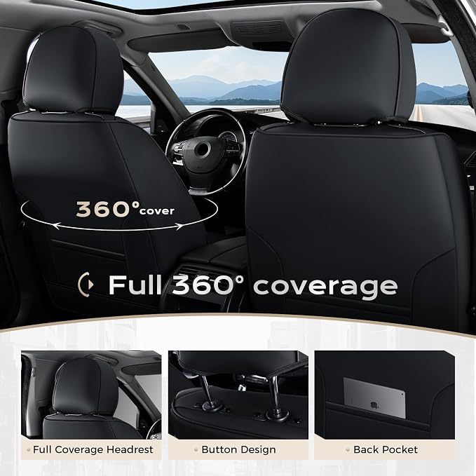 Coverado Car Seat Covers, 5 Seats Black Seat Covers for Cars, Front and Back Seat Cover for Cars Luxury Faux Leather Waterproof Seat Covers Car Seat Protector Universal Fit for Most Cars Trucks SUV