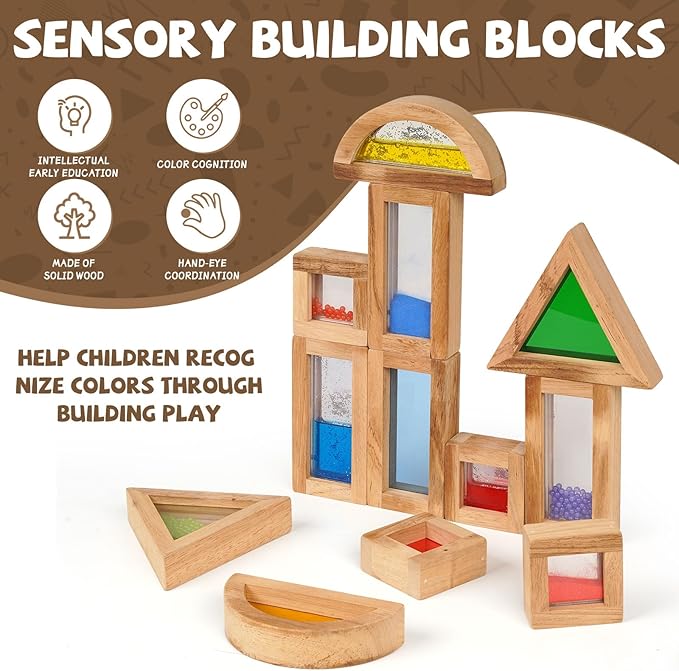 AXEARTE Large Rainbow Sensory Toys Wooden Building Blocks for Toddlers Baby Kids, 16 Pcs Colorful Geometry Stacking Construction Toy Set, Preschool Educational Toy for Boys & Girls