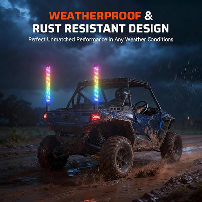Ehaho 2PCS 1FT Fat Whip Lights for UTV ATV, Led Fatty Whip Light W/Rocker Switch & 6 Flags, Brighter Spiral Chasing Lighted Antenna Whip with APP & Remote Control for RZR SXS