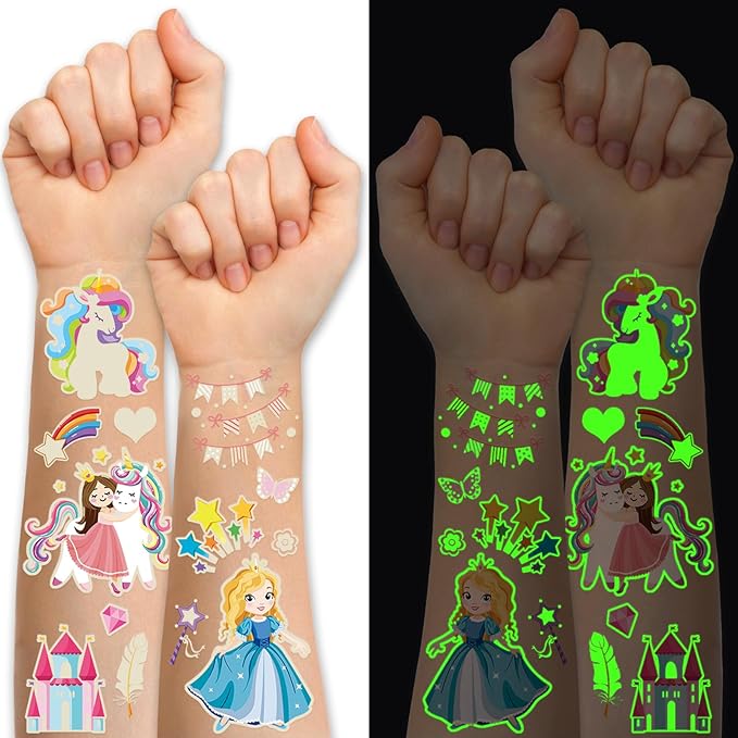 252+ PCS Glow Princess Temporary Tattoo for Kids, 36 Sheets Rainbow Castle Candy Star Prince Fake Tattoos Sticker for Girls Boys, Luminous Birthday Magic Fairy Theme Party Favors Decoration