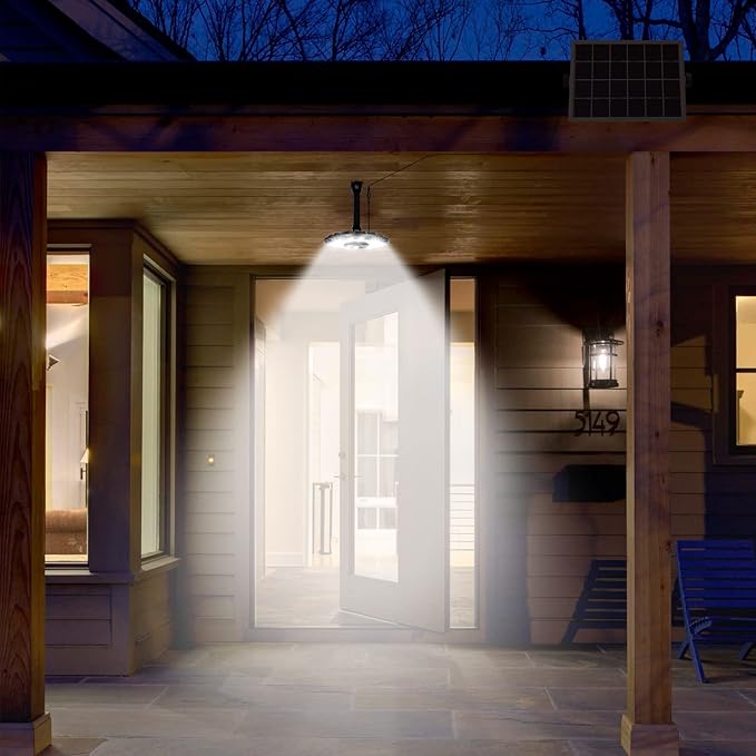 INDARUN Solar Shed Light with On/Off Switch, Up to 3000LM Solar Indoor/Outdoor Lights with 5 Modes, Motion Sensor Pendant for Barn, Gazebo, Garage, Patio, Yard