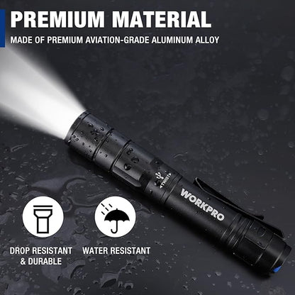 WORKPRO Rechargeable Pen Light, Mini Flashlight, 2 Pack Ultra-Compact EDC Flashlight, Pocket Flashlight with Clip, Memory Function and 2 x USB C Cable Included, Black