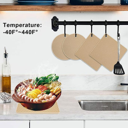 4 Pack Silicone Trivets for Hot Pots and Pans, Pot Holders Hot Pads, Non-Slip & Heat Resistant Silicone Mats for Kitchen Counter, Soft Durable Drying Mat, Jar Opener and Coasters (Beige)