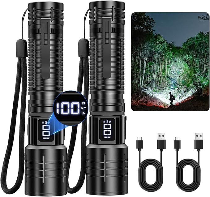 AdamStar Flashlight High Lumens Rechargeable Super Bright Flashlight Zoomable LED Flash Light with Dimmable, 6 Modes Waterproof Handheld Powerful Tactical Flashlights for Camping Emergency (2 Pack)