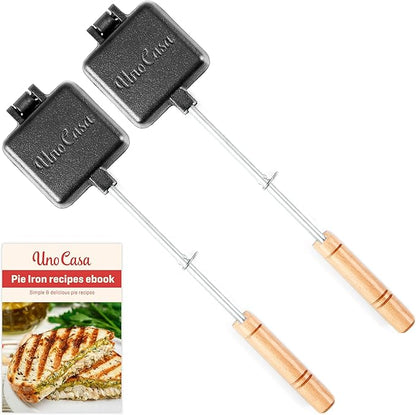 Uno Casa Small Double Pie Iron Sandwich Maker Set of 2 - Japanese Sandwich Maker with Recipe Book - Durable Campfire Cooking Equipment for Grilled Sandwiches, Pies, and Breakfast Treats