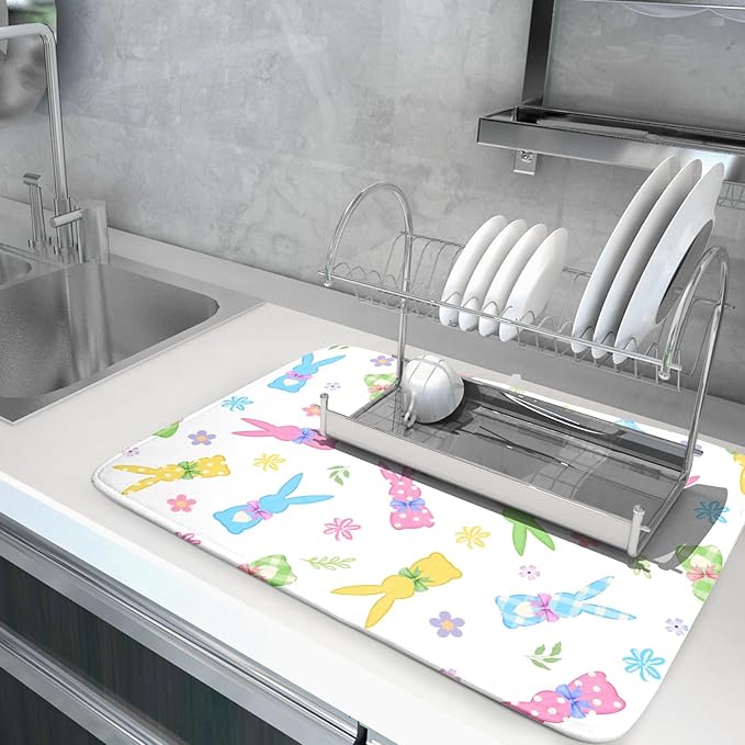 Easter Dish Drying Mat for Kitchen Counter Cute Bunny Floral Holiday Microfiber
