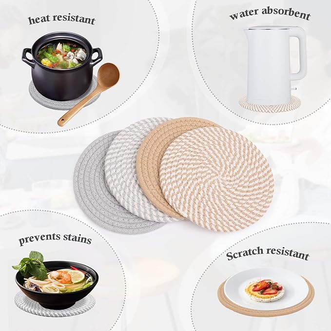 Billbotk 7" Trivets for Dishes, Pots and Pans, 4 Heat Resistant Hot Pads, Pot Holders for Kitchen, Plate Mats for Kitchen Decor (Gray & Brown)