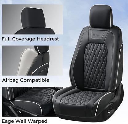Coverado Premium Leather Front Seat Covers Waterproof Heavy-Duty Protectors Custom Fit for Ford F150 (2015-2026) F250/F350/F450 (2017-2026)-Black w/White Stitching, Wear-Resistant