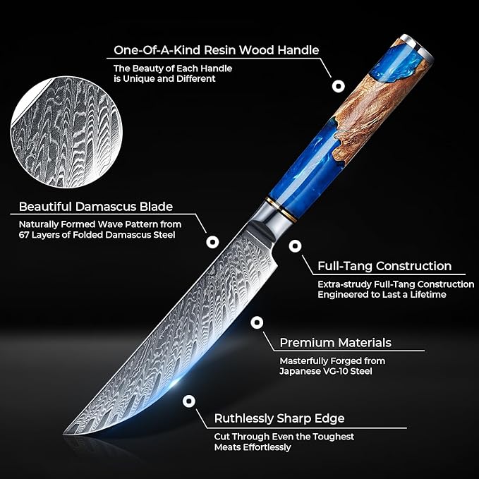SENKEN Damascus Steak Knife Set - Tsunami Collection - 67-Layer Japanese VG10 Steel - Razor Sharp Non-Serrated Blades, Blue Resin & Natural Wood Pattern Handles, Luxury Gift Box (4 Steak Knife Set)
