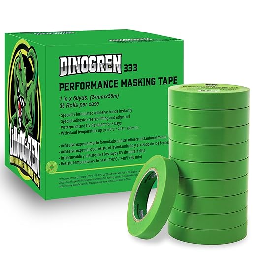 LAUCO DINOGREN High Performance Masking Tape for Car Paint, Heat & Water Resistant, Multi-Purpose Green (1 in (36 Rolls))