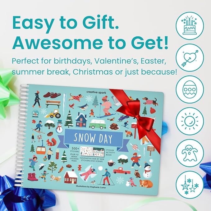Cupkin Snow Day Sticker Book Activity for Kids, Side by Side Winter Sticker Book, Fun Kid Road Trip Activity, 500+ Kids Stickers + 12 Scenes and Coloring Pages, Crafts for Ages 2-8