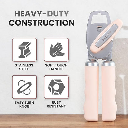 Zulay Kitchen Heavy Duty Stainless Steel Can Opener Manual with Bottle Opener - Rust Proof Manual Can Opener With Turn Knob & Comfy Soft Grip Handles - Peach