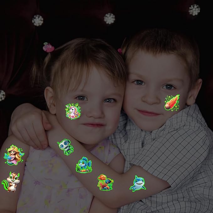 Glow in Dark 3D Temporary Tattoos for Kids, 117 Unicorn Mermaid Truck Dinosaur Space Cartoon Animal Waterproof Fake Tattoos, Luminous Small Stickers for Boys Girls Birthday Party Favor