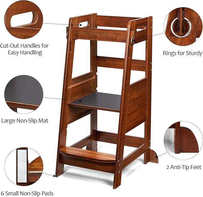 TOETOL Bamboo Toddler Kitchen Step Stool Helper Standing Tower Height Adjustable with Anti-Slip Protection