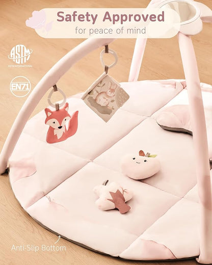 Fortella Baby Play Gym & Activity Mat, Tummy Time Mat w 5 Detachable Toys and Pillow, Large Sensory Playmat for Floor, Newborn Infant Baby Essentials Shower Gift 0-3-6-9-12 Months (Rose Pink)