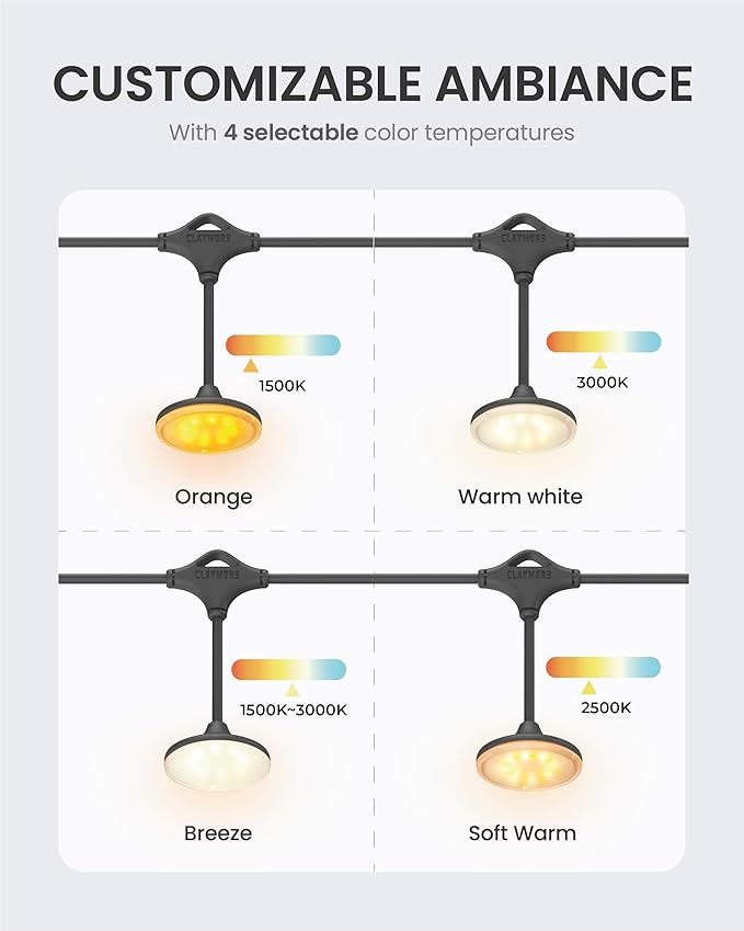 Claymore Cadena UF5 String Lights (Light Gray) - LED Outdoor String Lights for Halloween Decorations, Camping, Glamping, Backyard Parties, Events & Garden Decor. 4 Color Temperatures.