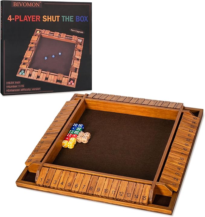 Upgraded 16.54’’ Shut The Box Dice Game with 15 Numbers for 1-4 Players, Large Wooden Board Math Game 16 Dices, Tabletop Games Kids Adults Family Party Birthday