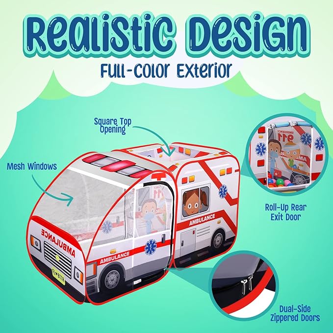 Ambulance Pop-up Play Tent for Kids with Sounds, Doctor Kit & Ball Pit for Toddlers & Up - Easy Setup Pop up Toy for Indoor & Outdoor, Emergency Vehicle Playset, Pretend Play, Great Gift