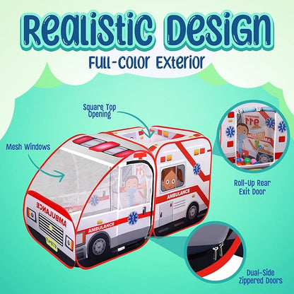 Ambulance Pop-up Play Tent for Kids with Sounds, Doctor Kit & Ball Pit for Toddlers & Up - Easy Setup Pop up Toy for Indoor & Outdoor, Emergency Vehicle Playset, Pretend Play, Great Gift