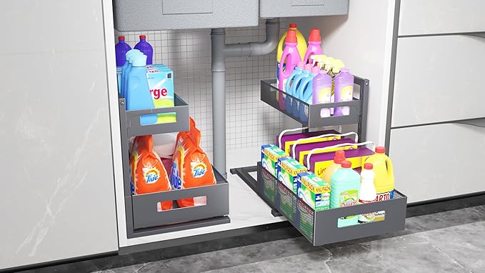 Petiza Under Sink Organizer Pull Out Cabinet Organizer Adjustable Height 2 Tier