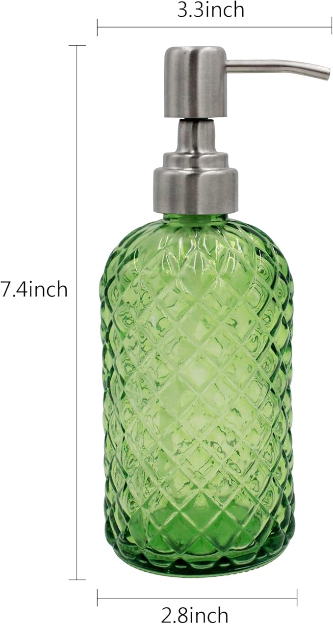 16 oz Diamond Pattern Glass Soap Dispenser, Kitchen and Bathroom Refillable