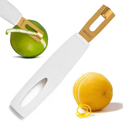 A Bar Above White Handle Gold Blade Channel Knife, Elegant Garnish Tool for Chefs and Bartenders, Citrus Peeler and Lemon Zester for Cocktails, Culinary Dishes, and Home Entertaining