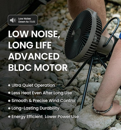 Claymore V600+ Black Rechargeable Portable Fan ??7,800mAh Battery, 4-Speed BLDC Ultra-Quiet Air Circulator USB-C Charging 32 Hrs Runtime Tripod Mountable Adjustable for Camping, Indoor, Outdoor