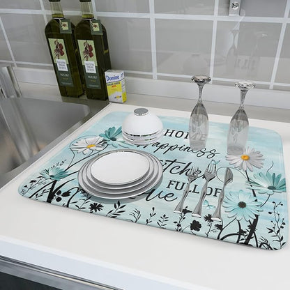 Blue Daisy Dish Drying Mat 18x24 Inch Love Kitchen Absorbent Microfiber