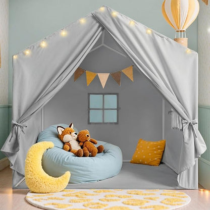 Kids Tent, Play Tent with Star Lights, Large Play Tents with 2 Windows, Kids Playhouse Indoor & Outdoor, Reading Nook, Christmas Toddler Tents for Girls & Boys, 52" x35" x 51", Gray