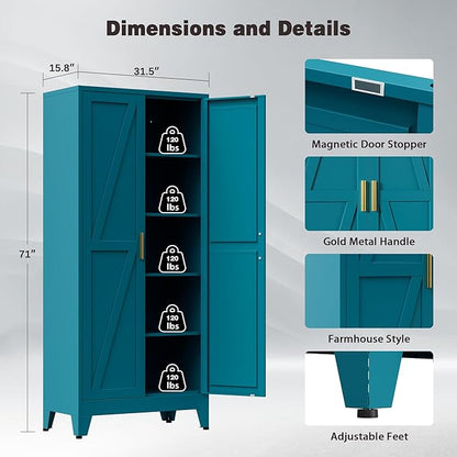 71" Tall Metal Pantry Cabinet, Kitchen Storage Cabinet with 2 Doors and 4 Adjustable Shelves for Kitchen, Living Room, Dining Room, Bathroom and Home, Office (Blue, 71" H)
