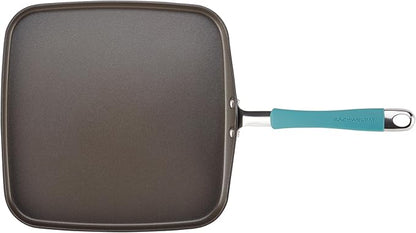 Rachael Ray Cucina Hard Anodized Nonstick Griddle Pan/Flat Grill, 11 Inch, Gray with Agave Blue Handle