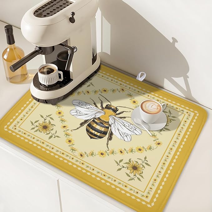 Giwawa Sunflower Bee Dish Drying Mat, Summer Rustic Sunshine Floral Dish