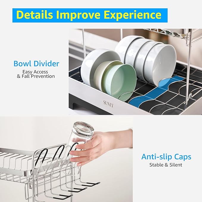 SUNLY 2 Tier Dish Drying Rack, Extra Large Dish Rack, 304 Stainless Steel