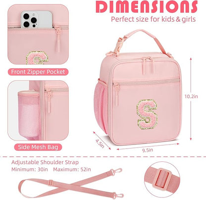 Initial Insulated Lunch Bag for Girls Kids, Back to School Gift, Reusable Leak-proof Lunch Box with Adjustable Strap for School Daycare Travel Picnic (Pink,S)