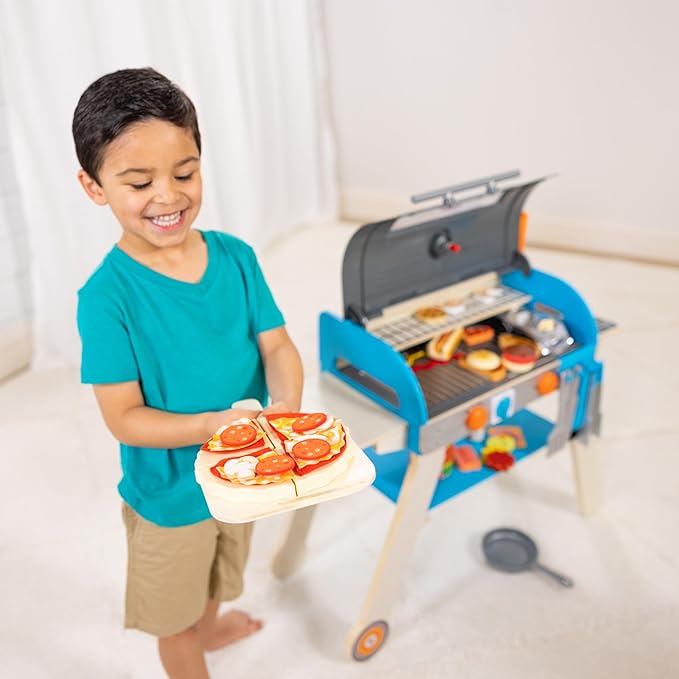 Melissa & Doug Deluxe Wooden Barbecue Grill, Smoker & Pizza Oven, Toy Food & Kids Play Kitchen Accessories, Preschool Learning Toys for Girls & Boys 3+ - FSC Certified