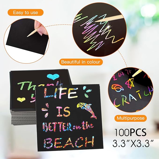 100 PCS Magic Rainbow Glitter Scratch Art Notes,Cool Scratch Paper for Teens,3.3"x3.3" Blank Scratch Art Set for DIY Crafts,with 2 Painting Templates and 2 Scratch Pen