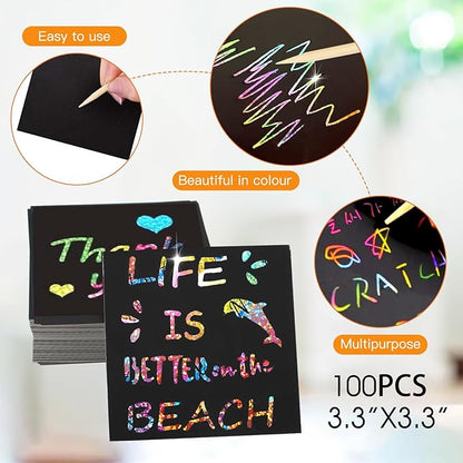 100 PCS Magic Rainbow Glitter Scratch Art Notes,Cool Scratch Paper for Teens,3.3"x3.3" Blank Scratch Art Set for DIY Crafts,with 2 Painting Templates and 2 Scratch Pen