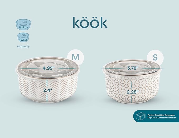 KooK Serving Bowls, with Lids, Ceramic Nesting Bowls, Microwave and Dishwasher