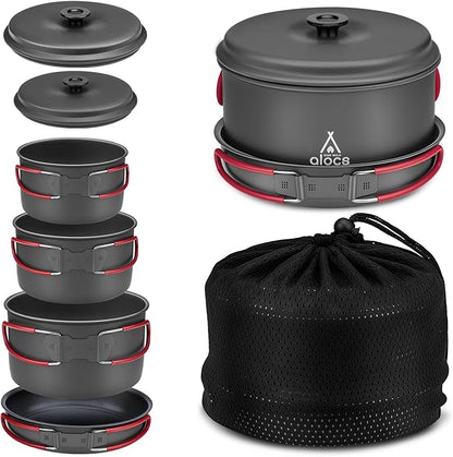 Alocs Camping Cookware Set Camping Gear, Compact Camping Pots and Pans Set, Durable Hard Alumina Camping Cooking Set for Outdoor Backpacking Camping Hiking Picnic, Included Mesh Carry Bag