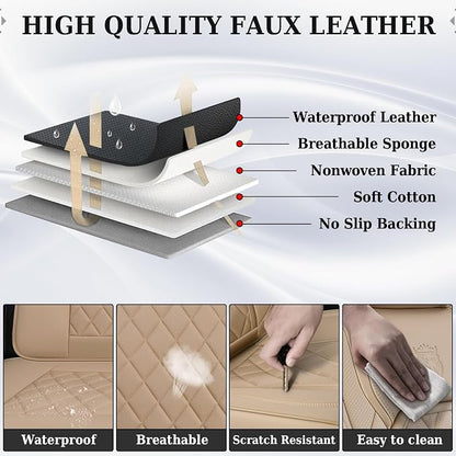 Coverado Car Seat Covers Full Set, Luxury Faux Leather Waterproof Seat Cover, 5 Seat Universal Seat Covers for Cars, Front and Back Car Seat Protector, Beige Leather Seat Cover Fit for Most Cars