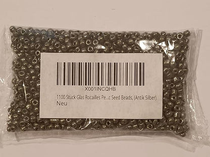 Perlin Glass Seed Beads 4mm 6/0 Round Mini Small Pony Spacer Beads 1100pcs for Jewelry Making Earrings Bracelets Pendants Waist DIY Handmade Metallic Color Kit (Antique Silver Metallic)