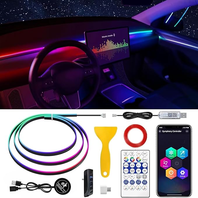 Acrylic Interior Car LED Strip Light with 30S Motion Sensor Switch&USB Hub, Dreamcolor 55.1 inches Ambient Lighting Kits, RGB Colors Neon LED Strip Light