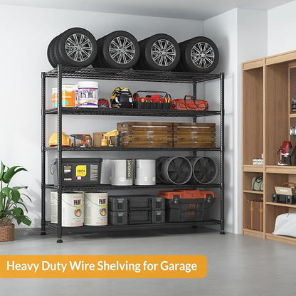 Himimi Storage Shelves with Wheels, 5-Tier Heavy Duty Steel Wire Rack Storage Shelving, Adjustable Metal Storage Shelves for Garage Kitchen Pantry Bathroom Laundry 18" D*60" W*82" H, Black
