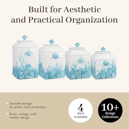 Young's Inc. 4 Pcs Set Blue Lagoon Nautical Ceramic Canisters- Storage Container for Kitchen and Bathroom - Beautiful Home Decor Accent to Store Food, Coffee, Tea, and More - White, Blue