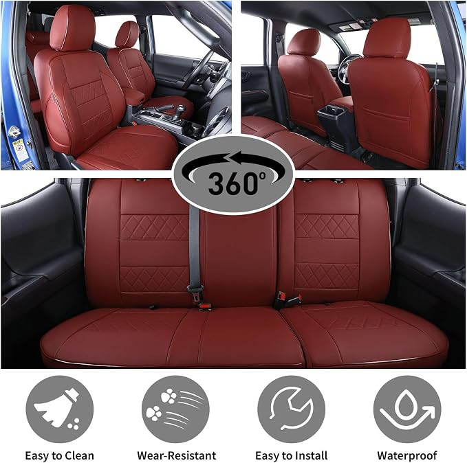 EKR Custom Fit Tacoma Leather Car Seat Covers for Toyota Tacoma 2012 2013 2014 2015 (TRD Sport Seats)- Full Set,Faux Leather(Burgundy)